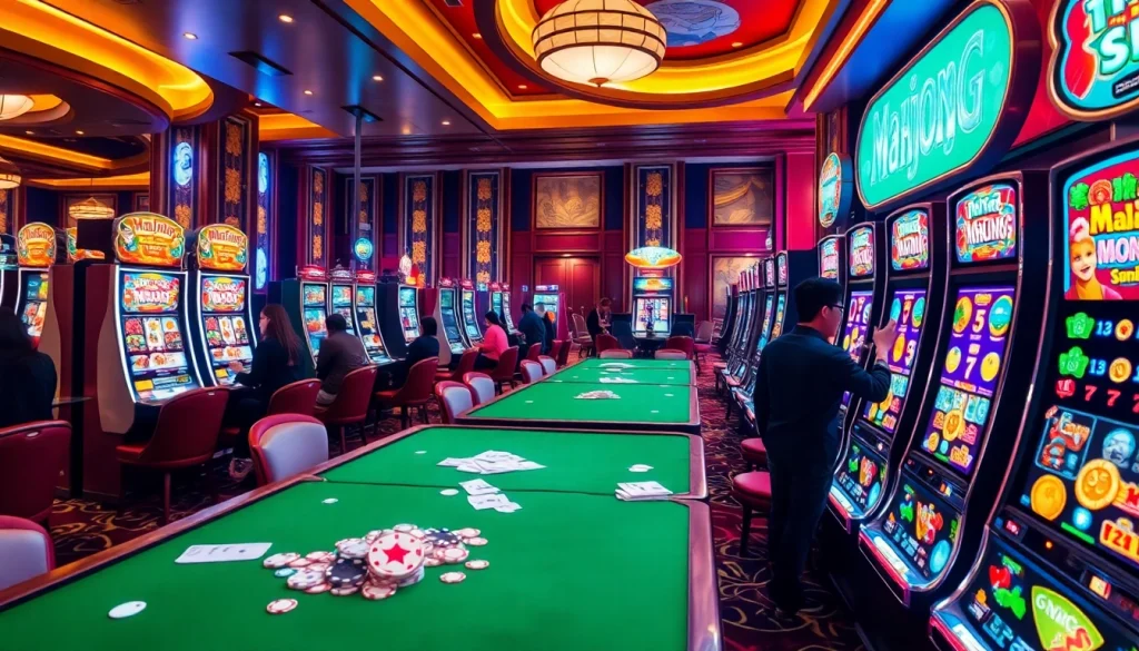 Berinteraksi dengan demo slot Mahjong yang menampilkan kegembiraan kasino yang hidup, mesin slot modern, dan permainan dinamis.