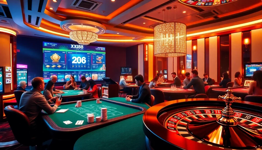 Experience thrilling gameplay at XX88 with a vibrant casino scene showcasing poker and slots.
