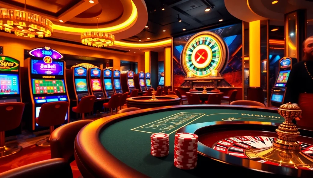Engage with the exciting casino atmosphere at https://jun886.dev/ featuring vibrant slot machines and poker tables.