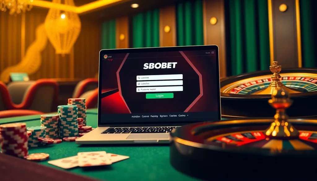 Sbobet login interface surrounded by casino elements like poker chips and a roulette wheel