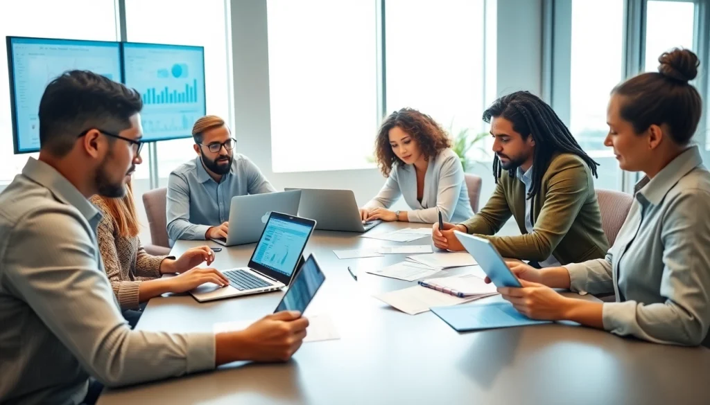 在现代工作空间中使用 WPS Office 的团队，展示协作与生产力。