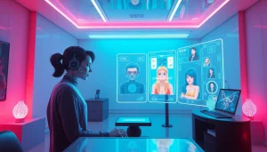 Immersive NSFW character AI interface with vibrant avatars and holographic displays