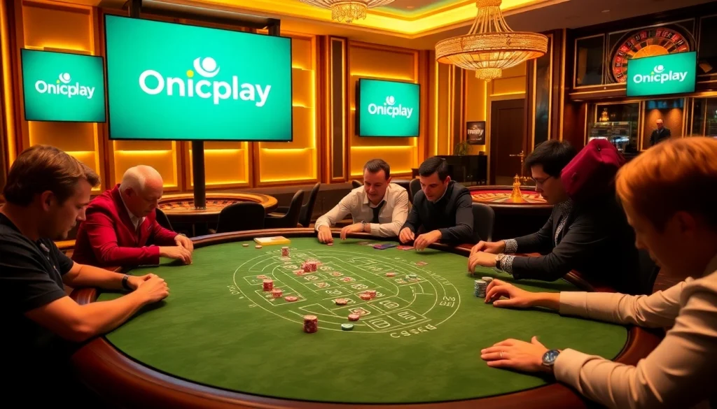 Experience the excitement of Onicplay with vibrant casino visuals showcasing players at a blackjack table.
