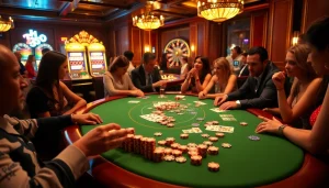 Players enjoying poker and slot machines at b52club, showcasing excitement and luxury in gambling.
