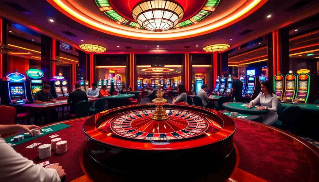 Experience luxury gaming at MV88 casino with poker tables, roulette wheel, and engaged players.