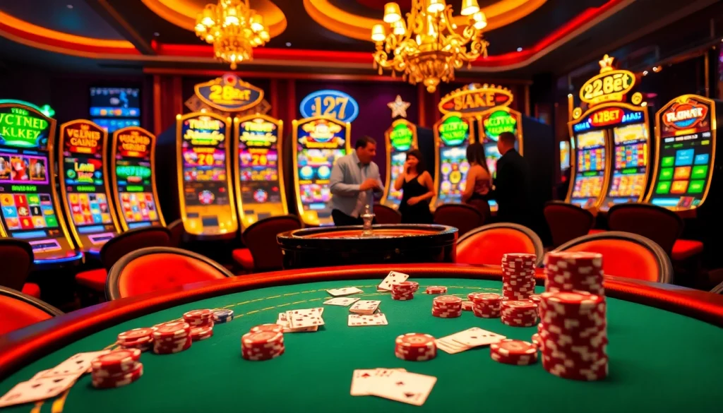 Players enjoying high stakes at 28Bet's luxurious casino table with vibrant chips and roulette wheel.