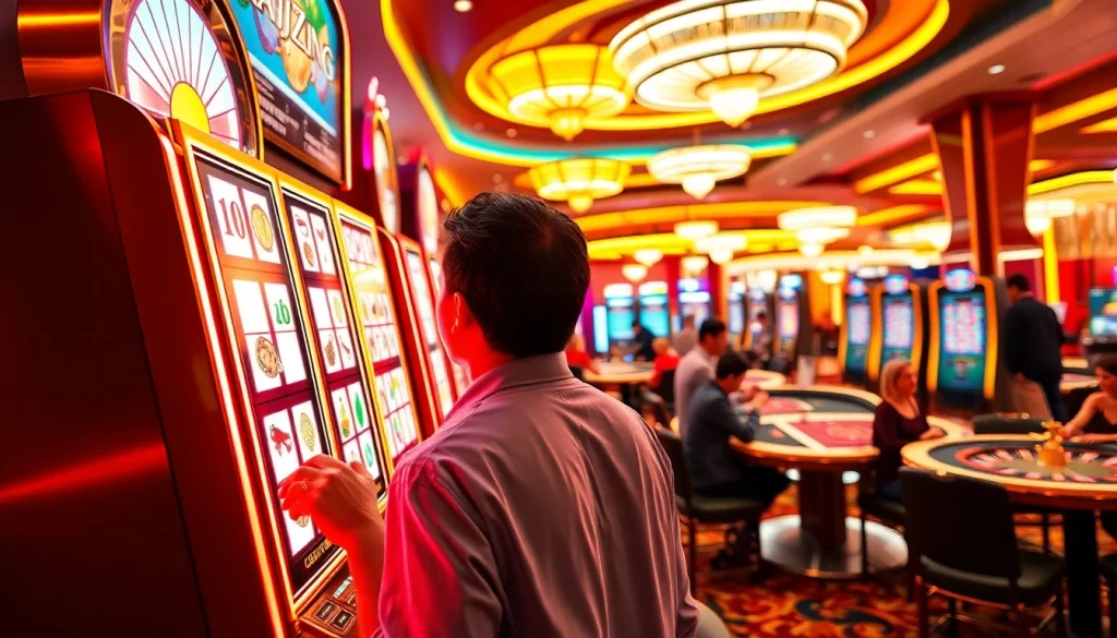 Enjoying a mahjong slot demo in a vibrant casino environment with thrilling gaming action.