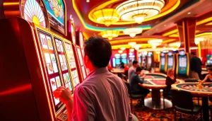 Enjoying a mahjong slot demo in a vibrant casino environment with thrilling gaming action.