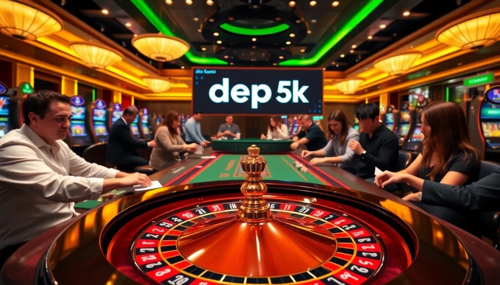 Engaging scene of gamblers in a luxurious casino setting with a depo 5k slot machine display.