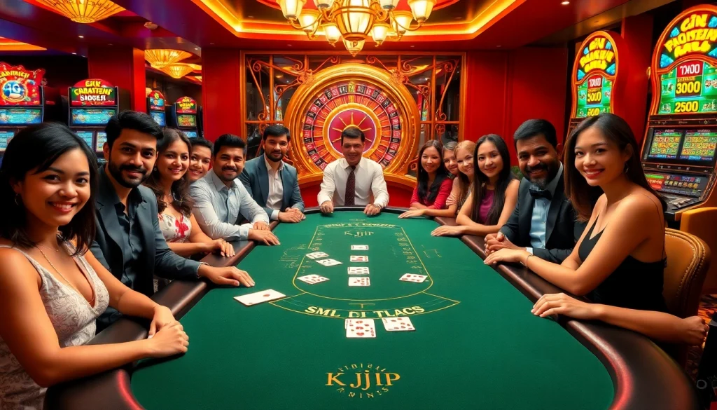 KJC VIP players celebrating a win at an elegant casino blackjack table with vibrant lighting.