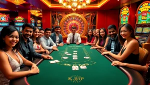 KJC VIP players celebrating a win at an elegant casino blackjack table with vibrant lighting.