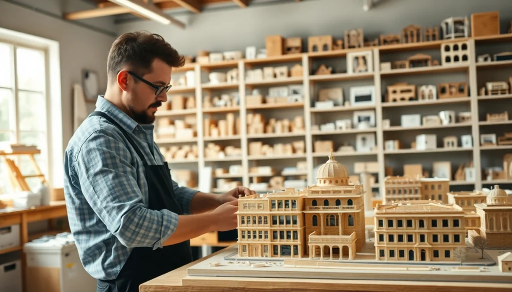 Architekturmodellbau Chemnitz: Detaillierte Modelle und Handwerker in heller Werkstatt