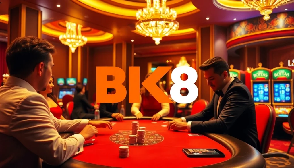 Players enjoying high-stakes poker at BK8 เว็บตรง casino with luxurious ambiance and excitement.