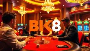 Players enjoying high-stakes poker at BK8 เว็บตรง casino with luxurious ambiance and excitement.