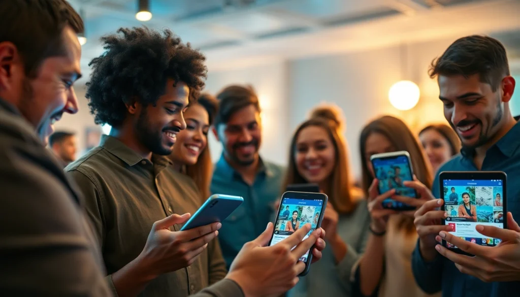 Find local OnlyFans creators with diverse individuals engaging on devices, highlighting community and discovery.