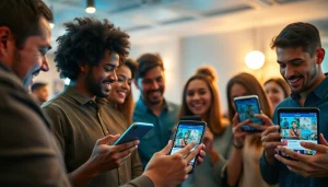 Find local OnlyFans creators with diverse individuals engaging on devices, highlighting community and discovery.