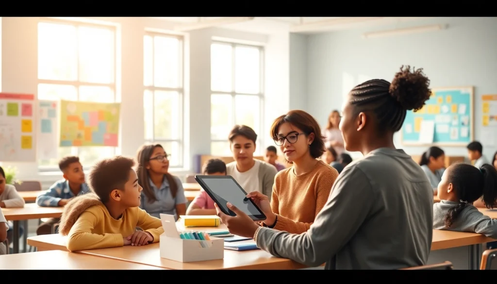 Education environment with diverse students collaborating in a modern classroom.
