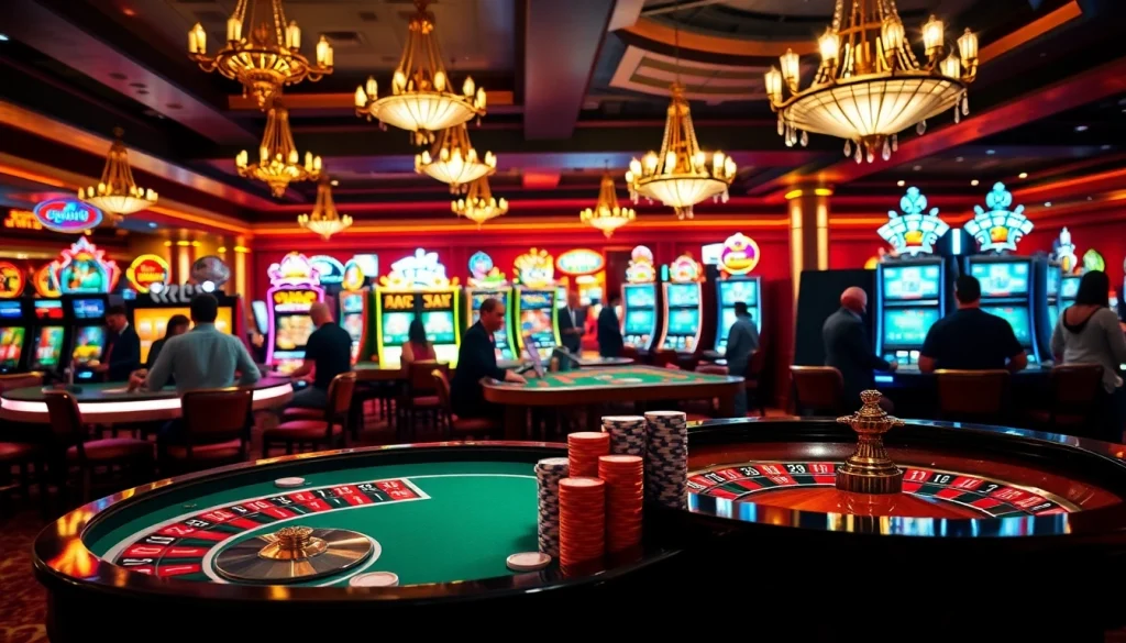 Engaging scene of players at cs2 gambling sites reddit, highlighting an exciting casino environment with roulette and slot machines.