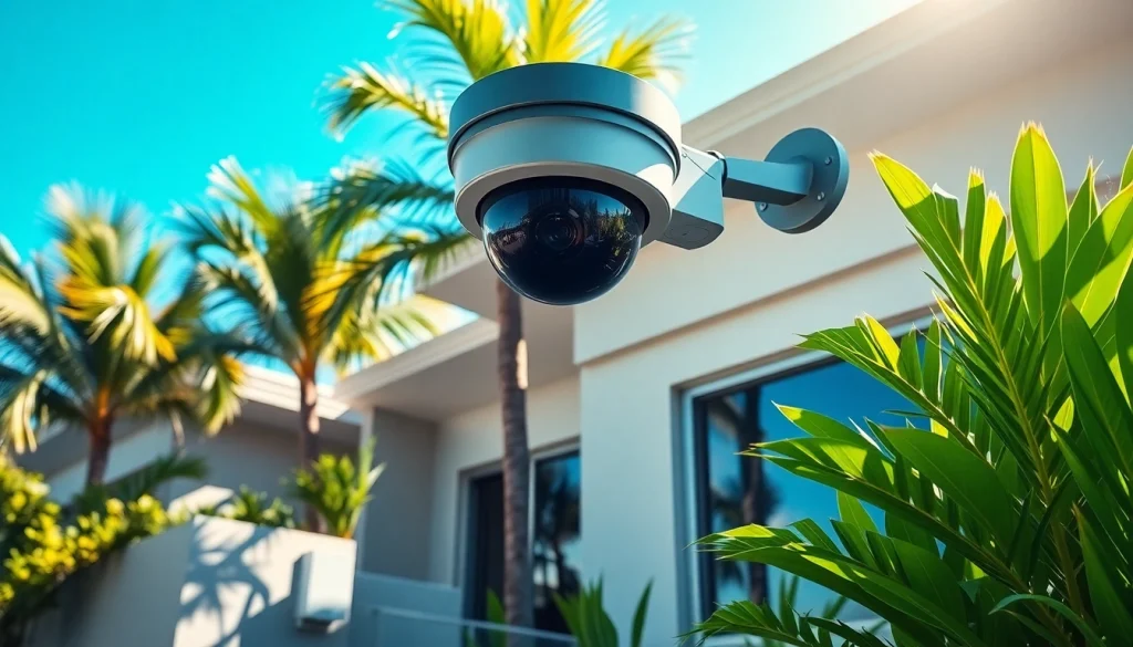 Cámaras de seguridad en Guanacaste mostradas en una casa moderna con un jardín exuberante y tecnología confiable.