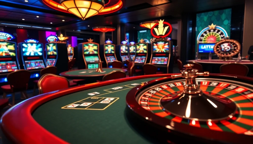 Scène captivante d'un casino fiable en ligne avec des tables vibrantes et des machines à sous alléchantes, créant une atmosphère excitante.