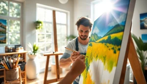 Artist creating a vibrant painting in a sunlit studio, showcasing creativity and passion.