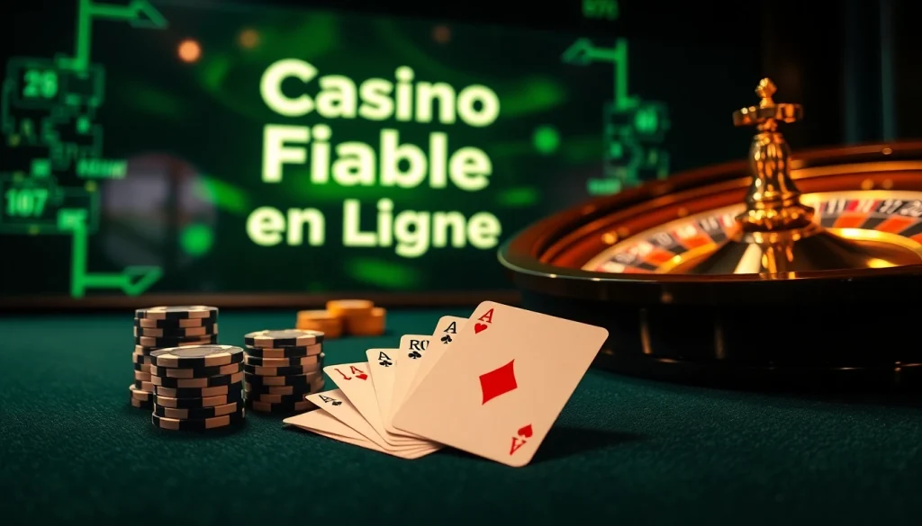 Scène de casino captivante mettant en avant un casino fiable en ligne avec des cartes et des jetons sur une plateforme numérique dynamique.