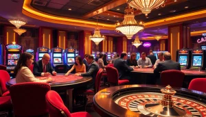 Découvrez l'excitation d'un casino fiable en ligne avec des joueurs engagés autour de tables de jeux luxueuses.