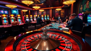 Découvrez le frisson du casino en ligne France avec une élégante roue de roulette et des joueurs engagés.