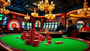Scène de poker captivante mettant en avant un casino fiable en ligne avec des joueurs, des jetons et une roue de la roulette.