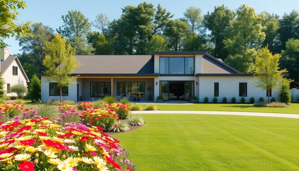 Showcasing a vibrant garden alongside modern Massachusetts residential architecture featuring large glass windows.