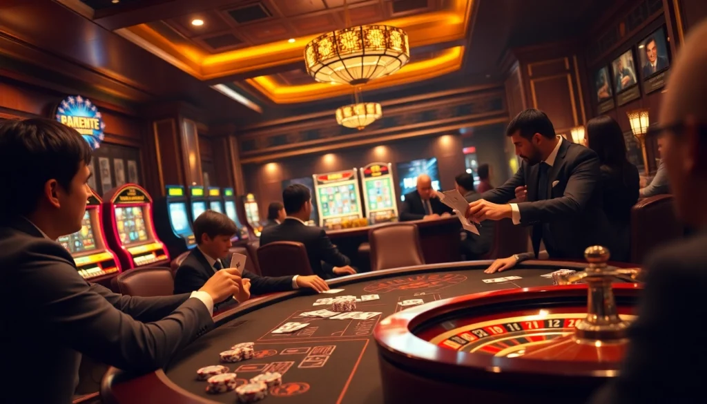 Joueurs élaborant des stratégies à une table de poker dans un casino fiable en ligne, capturant l'excitation et le jeu professionnel.