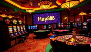 Engage with the vibrant atmosphere of Hay88 casino featuring lively poker tables and slot machines.