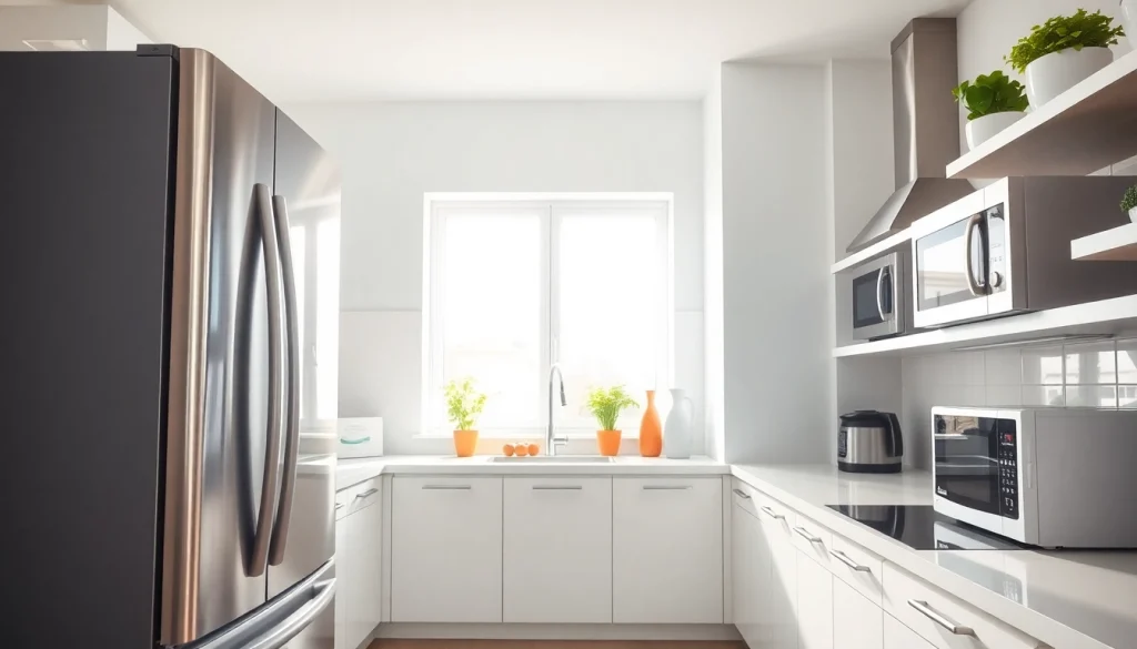 Showcasing home appliances in a vibrant kitchen with modern design and natural light.