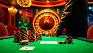 Scène excitante de casino en ligne Français montrant un gameplay de poker de luxe avec des jetons et une roulette.