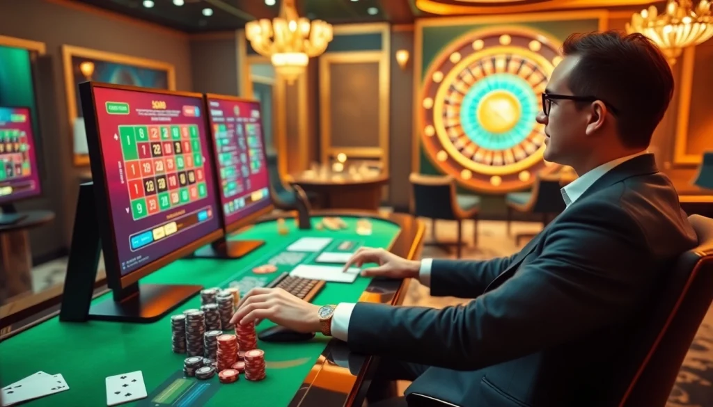 Vivez l'excitation du casino fiable en ligne avec un joueur professionnel s'engageant dans un environnement de jeu en ligne.