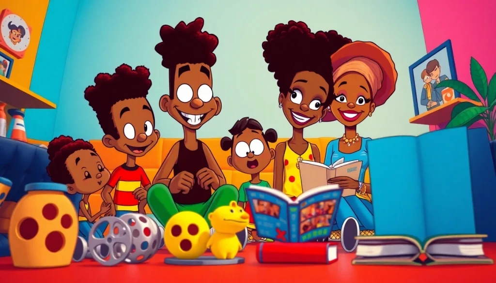 A collage of African American cartoons featuring iconic characters like Huey, Riley, and Penny Proud celebrating diversity in animation.