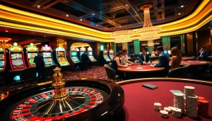 Une scène vibrante d'un casino fiable en ligne montrant la roulette, les tables de poker et les machines à sous.