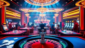 Cette scène engageante de jeux en ligne met en avant le casino en ligne argent réel avec des tables vibrantes et des joueurs profitant de divers jeux.