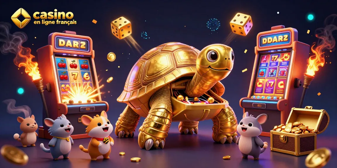 Jouer dans un casino en ligne français avec une machine à sous géante, des animaux joyeux, et des pièces d'or scintillantes.