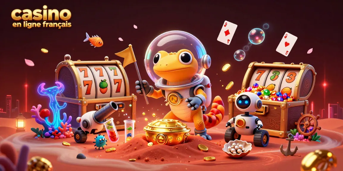 Visualisez un casino en ligne français animé par un gecko martien et des éléments de machines à sous brillants.