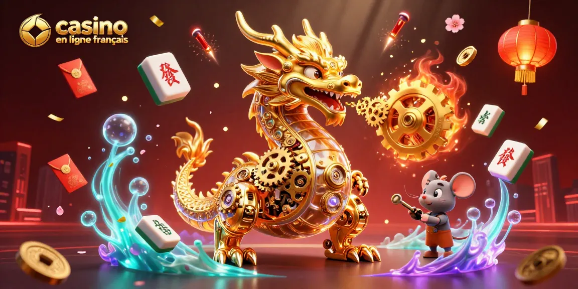 Illustrez votre expérience de casino en ligne français avec un dragon doré mécanique et des éléments de jeu captivants.