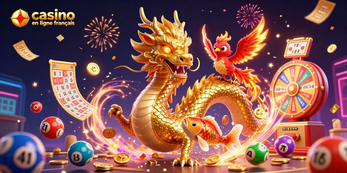 Jouez au casino en ligne français avec un dragon doré et un phoenix volant au-dessus de pièces, créant une expérience dynamique.