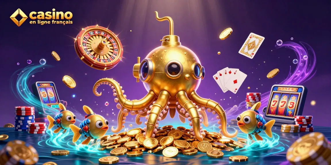 Un kraken doré soulève des pièces dans un casino en ligne français, créant une atmosphère vibrante.