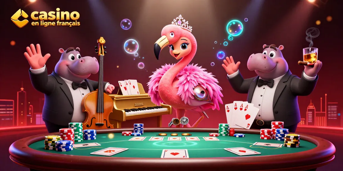 Vivez l'expérience d'un casino en ligne français avec une illustration dynamique et colorée de chanteurs et de jeux de cartes.