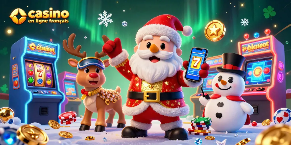 Santa et ses amis s'amusent au casino en ligne français avec des machines à sous colorées.