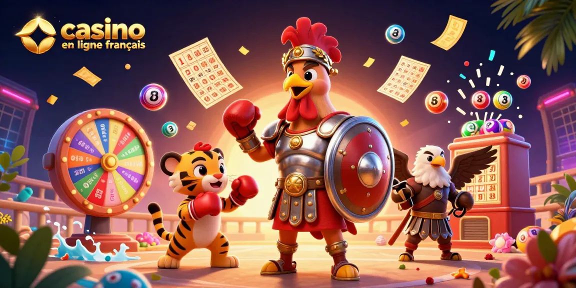 Gagnez avec casino en ligne français grâce à une illustration dynamique de jeux et de loteries.