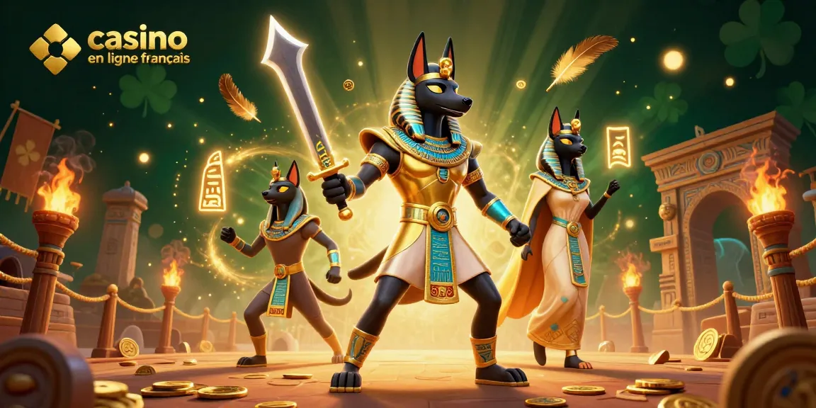Illustration d'une scène casino en ligne français avec Anubis et Bastet, jeux d'argent en action.