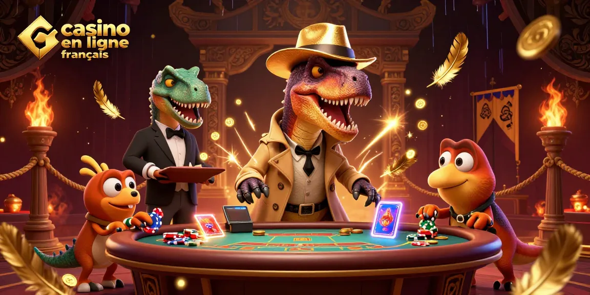 Une scène de casino en ligne français avec un vélociraptor compte-chips, un patron stégosaure et un compy pickpocket.