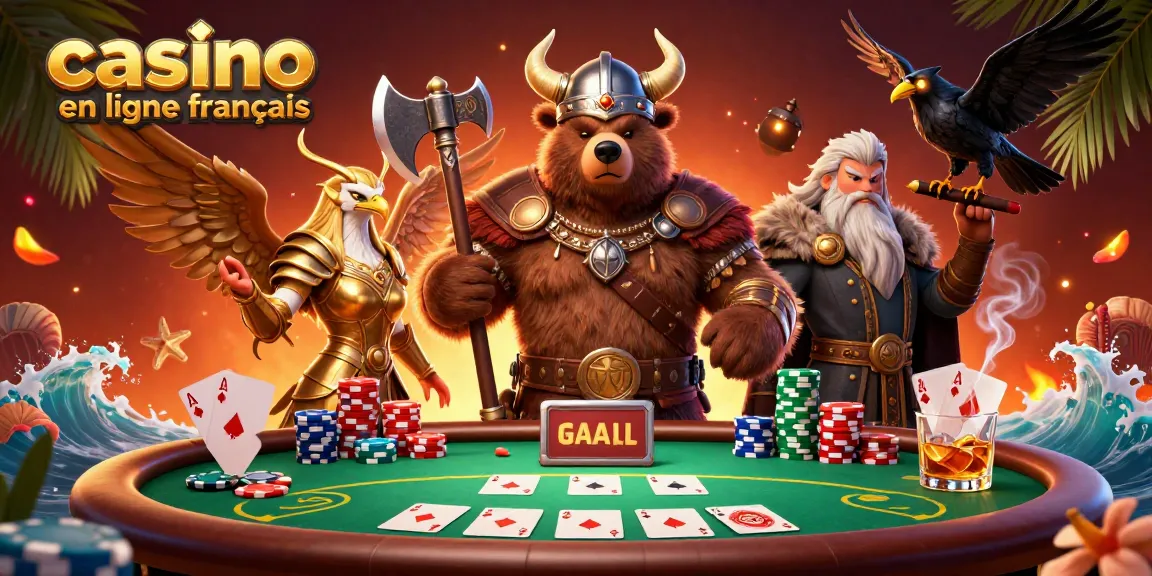 Jouer au casino en ligne français avec un ours viking et une aigle valkyrie sur une table de poker.