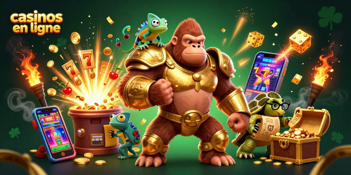 Casinos en ligne : Illustrationen dynamique d'un roi gorille en armure avec un caméléon et une tortue, entourés de machines à sous.